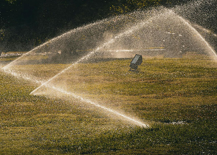 Automatic sprinklers spraying water over a grassy lawn, illustrating a man&rsquo;s petty revenge on entitled dog owner.