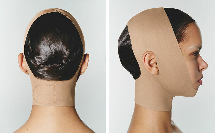 Close-up views of a person wearing a beige beauty face wrap, illustrating a viral skincare product concept.