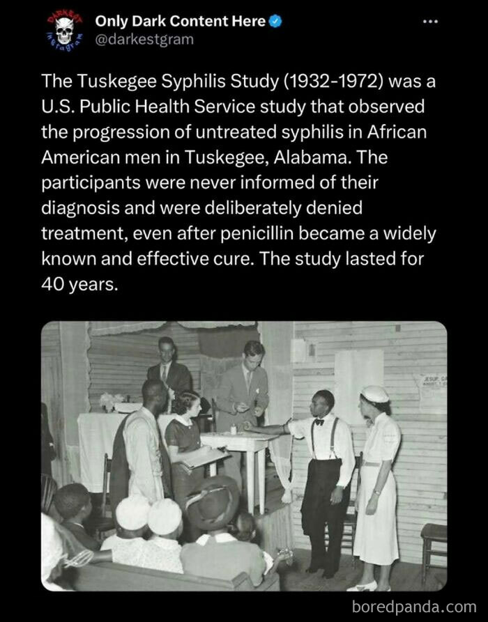 Historical photo of the Tuskegee Syphilis Study shared on darkest Instagram page featuring dark content and creepy stories.