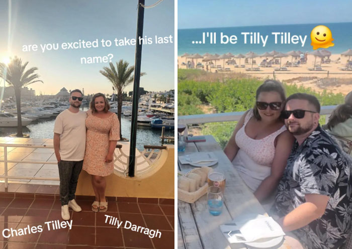 Couple humorously sharing their views on the married surname trend while enjoying outdoor leisure by the beach and marina.