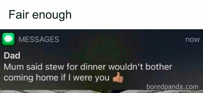 Screenshot of a funny British meme text about stew for dinner, highlighting chaotic British memes humor.