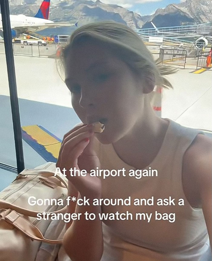 Woman refusing to watch her bag at the airport sparks heated passenger debate near a plane and luggage. Woman refusing to watch her bag at the airport sparks heated passenger debate near a plane and luggage.