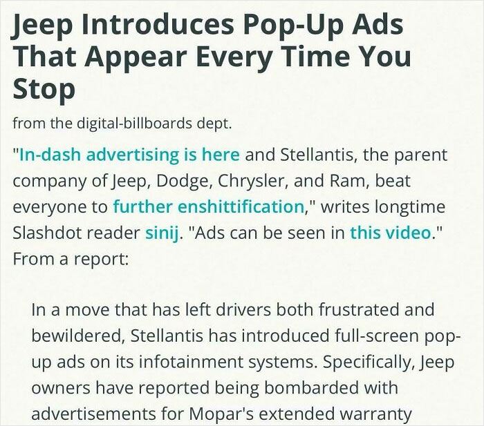 Text about Jeep introducing annoying pop-up ads in modern infotainment systems reflecting boring dystopia of modern life.