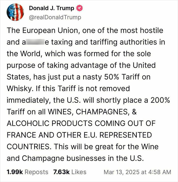 Tweet from Donald J. Trump criticizing European Union tariffs on whisky, wine, and champagne, a failed attempt at trade policy.