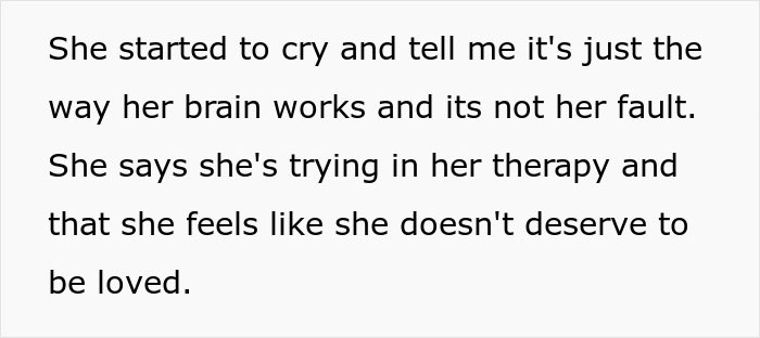 Text showing a woman crying and explaining her emotional struggles in therapy after a dinner conflict with her boyfriend.