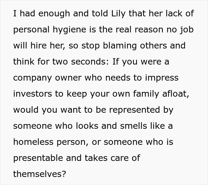Text discussing a woman blaming sexism for job rejection and sister's brutal reality check on hygiene and representation.