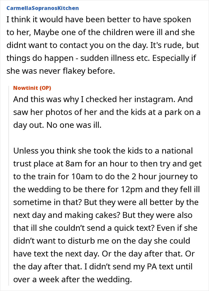 Comments discussing a woman who suddenly turns flaky, misses a friend&rsquo;s wedding, and sends a voicemail.