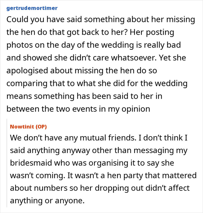 Comment exchange discussing a woman turning flaky, missing her friend's wedding, and sending a malicious voicemail.