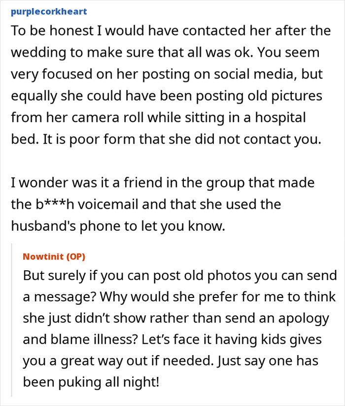 Text excerpt from an online forum discussing a woman who suddenly turns flaky, misses her friend&rsquo;s wedding, and sends a malicious voicemail.