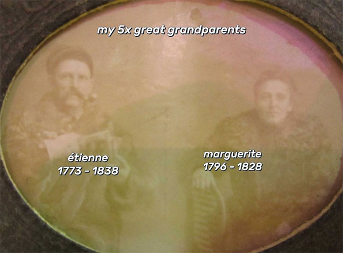 Faded photo of 5x great grandparents &Eacute;tienne and Marguerite, illustrating a family historian sharing genealogy online.