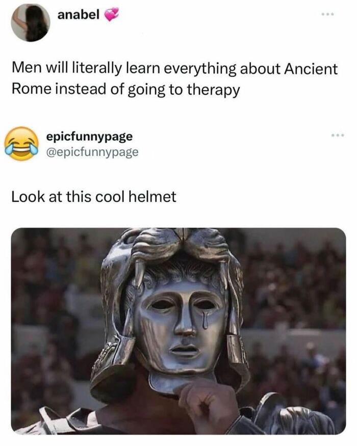 Social media post meme about men learning Ancient Rome and a photo of a person wearing a detailed Ancient Roman helmet.