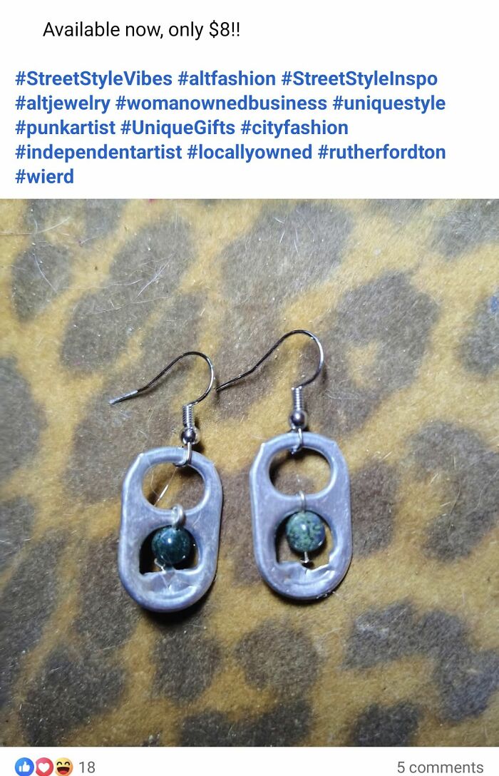 DIY craft earrings made from soda can tabs with green beads, showcasing unique and unusual handmade jewelry style.