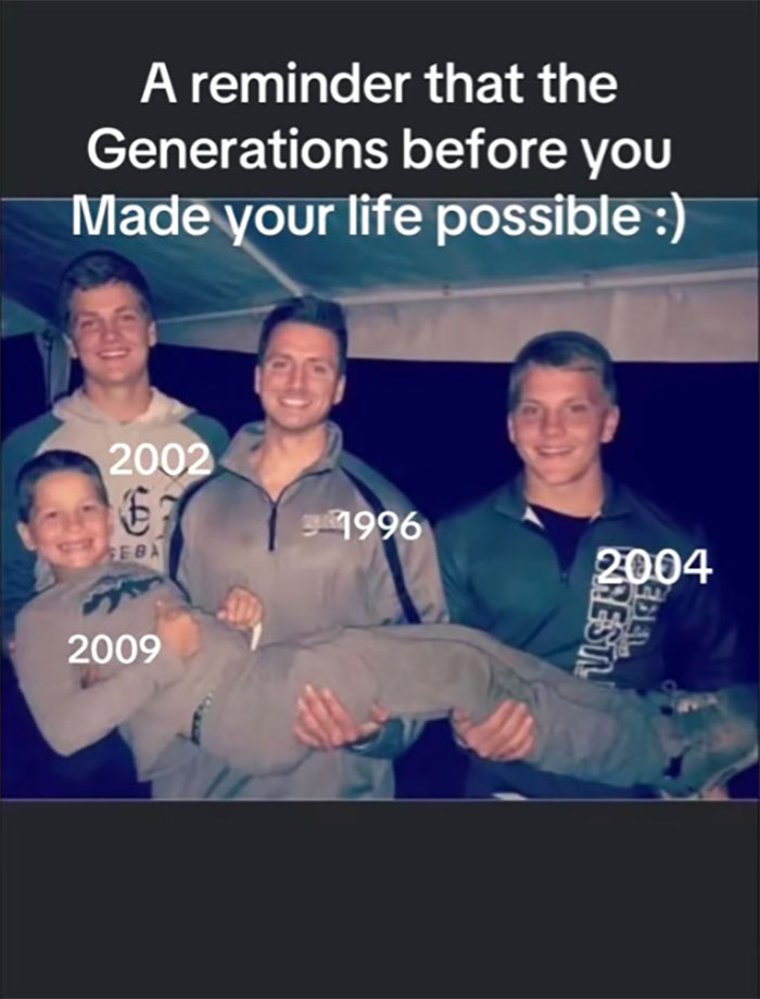 Four smiling males holding a younger boy with birth years, symbolizing family historian and sharing family tree online.