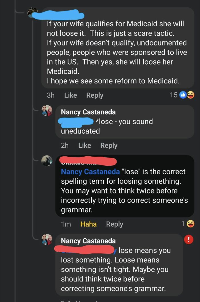 Facebook comments showing an online group shaming overconfident know-it-alls who incorrectly correct grammar.