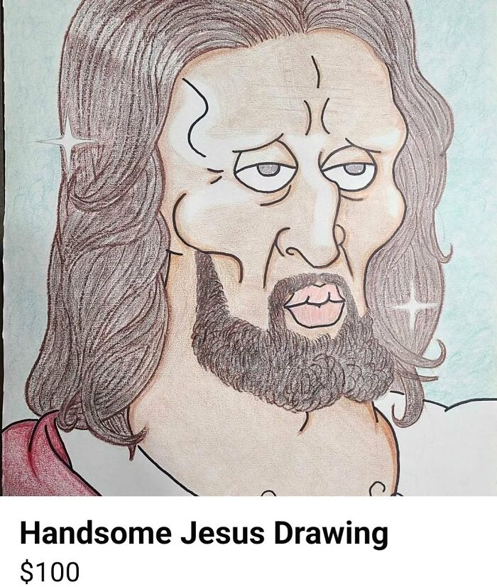Hand-drawn funny Jesus portrait showcasing a craft shaming example from horrendous DIY projects collection.