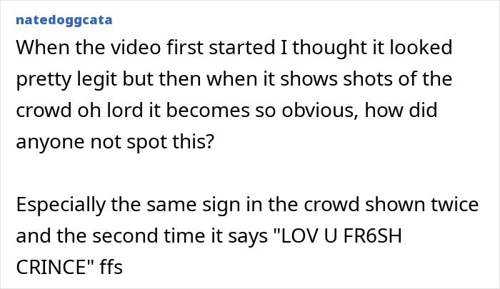 Comment pointing out obvious AI-generated crowd with repeated signs and fake details mocking Will Smith's twenty-fingered hands. Comment pointing out obvious AI-generated crowd with repeated signs and fake details mocking Will Smith's twenty-fingered hands.