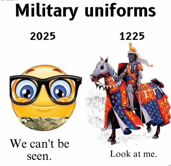 Funny meme comparing future military uniforms in 2025 as camo emoji and 1225 as colorful knight in armor on horse.