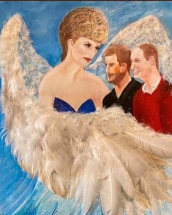 Painting of three people with large white feathered wings, showcasing a horrendous DIY craft shaming project.
