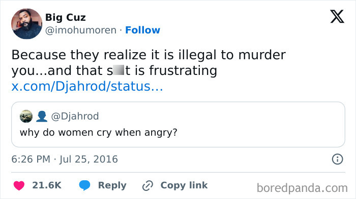 Screenshot of a weird internet exchange showing a humorous response about why women cry when angry.