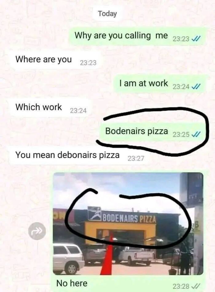 Chat conversation showing overconfident know-it-all incorrectly correcting pizza store name Bodenairs.