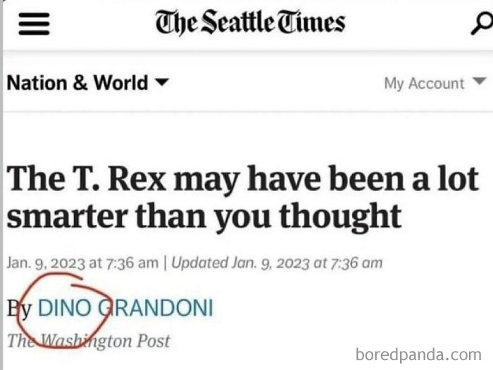 Screenshot of a humorous history meme showing a news headline about T. Rex intelligence from The Seattle Times.