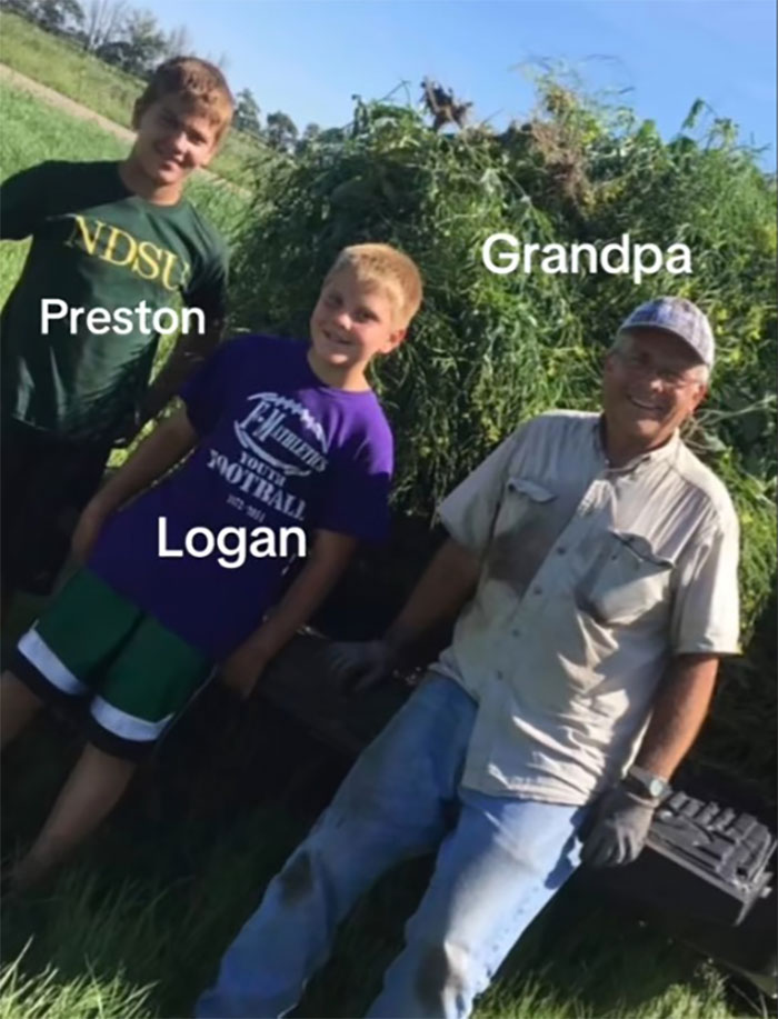 Three generations outdoors: grandfather and grandsons named Preston and Logan, illustrating family historian inspiration.