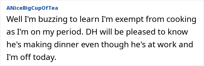 Text post from a woman expressing relief about being exempt from cooking while on her period during a trip with friend and husband.