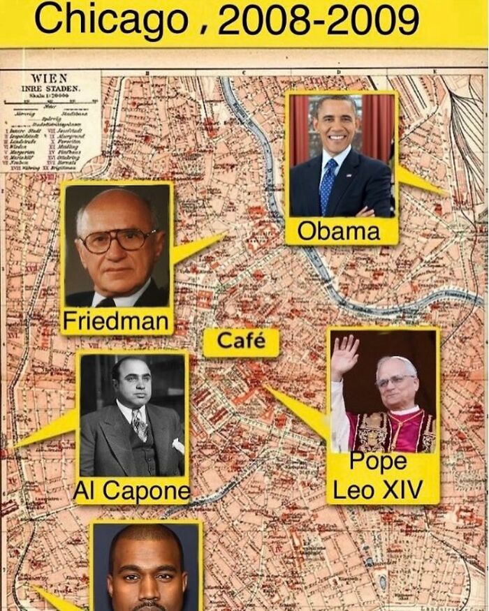 Map of Chicago 2008-2009 with images of historical figures including Obama, Friedman, Al Capone, Pope Leo XIV, and Kanye West.