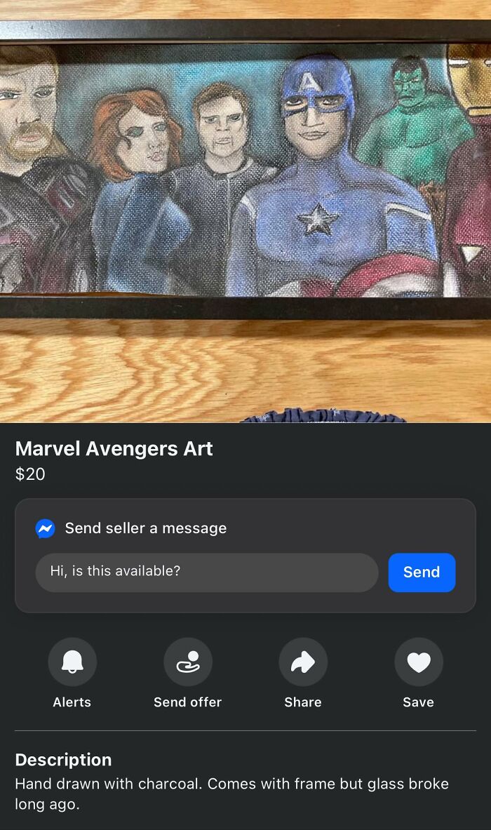 Hand-drawn Marvel Avengers art with charcoal, framed but missing glass, showcasing DIY craft shaming projects.