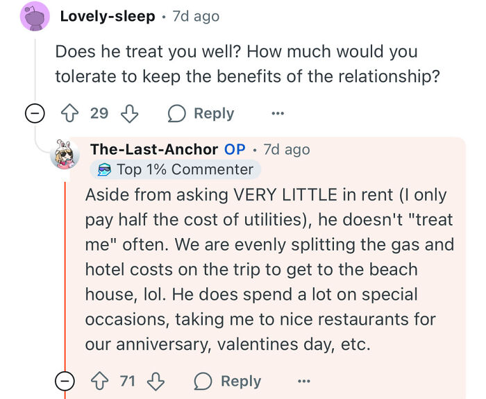 Reddit conversation about a poor woman dating a rich guy discussing shared expenses and special occasion spending.