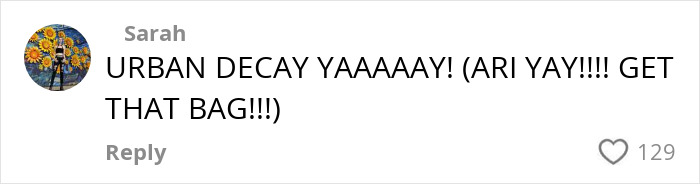 Comment on social media expressing excitement about Urban Decay makeup with enthusiastic all caps text and emojis.