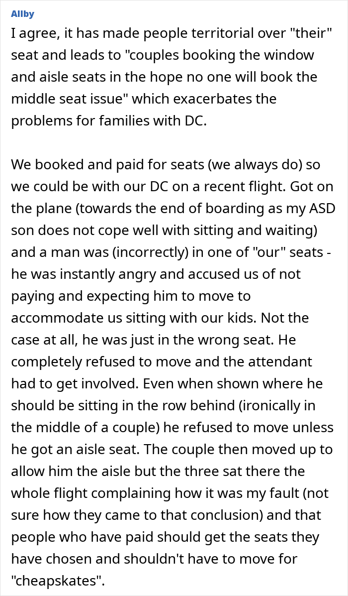 Screenshot of an online comment discussing issues with seating and kids on a multi-leg flight causing stress for a mom.