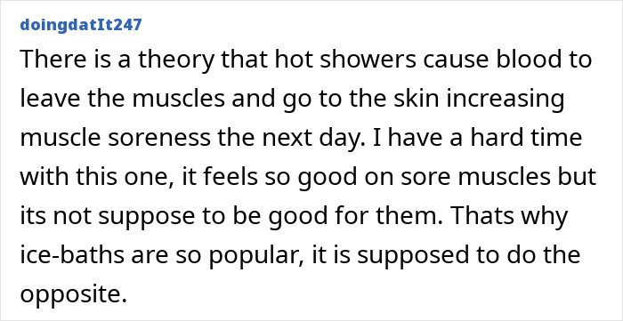 Comment explaining muscle soreness theory by a gymgoer, related to post-workout mistakes and recovery tips.
