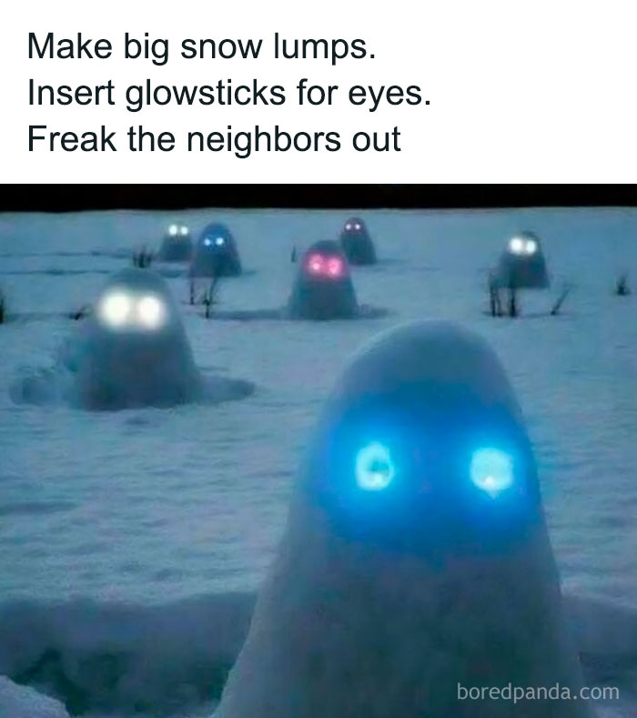 Snow lumps with glow sticks for eyes in a snowy field as an ingenious crafty idea to surprise neighbors.