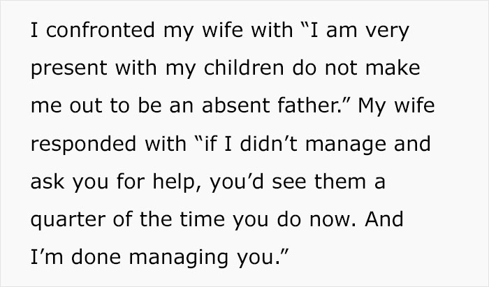Man tells wife she couldn&rsquo;t do it without him, watches her prove him wrong with confident response on parenting roles.