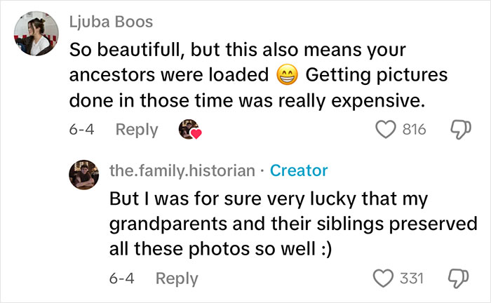 Comments about family historian inspiring others to share their family tree online in a social media thread.