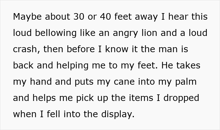 Man helping a blind person stand up and returning a cane after a kid steals and causes a loud crash.