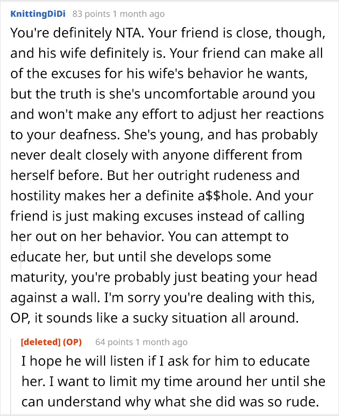 Comment thread discussing a woman&rsquo;s rude behavior toward a deaf man and challenges in educating her.