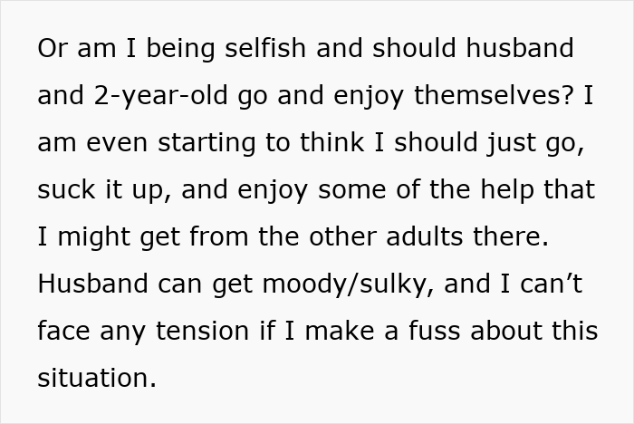 Text excerpt about a husband considering going on a postpartum trip with their 2-year-old child while his pregnant wife refuses.