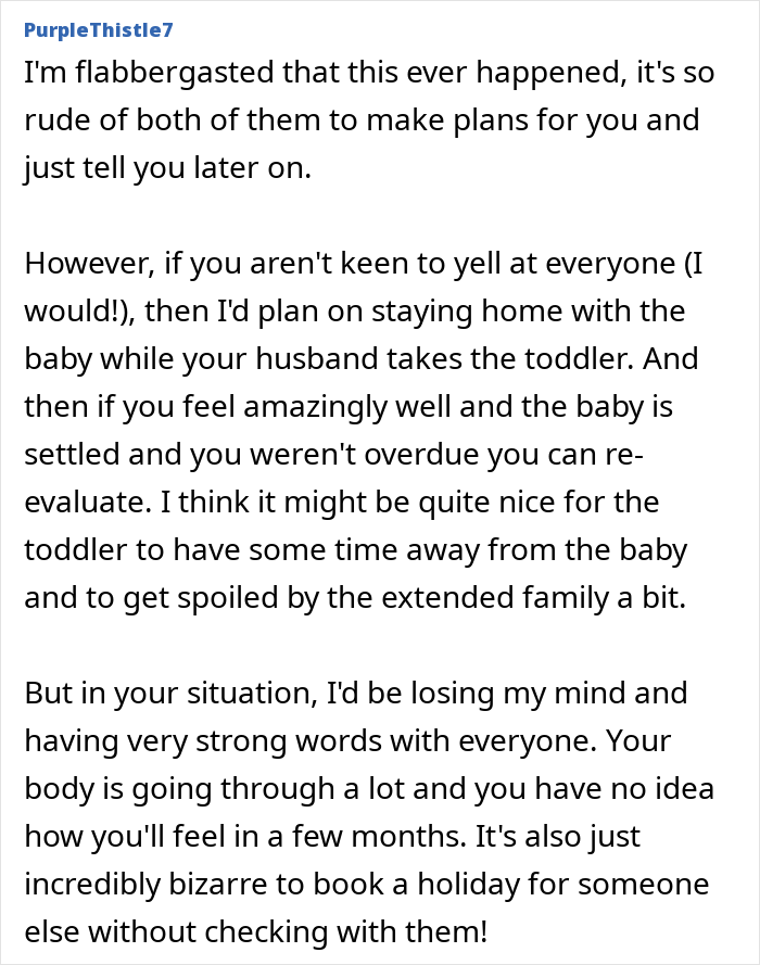 Text comment discussing a guy telling his pregnant wife he will go with the toddler after she refuses a postpartum trip.