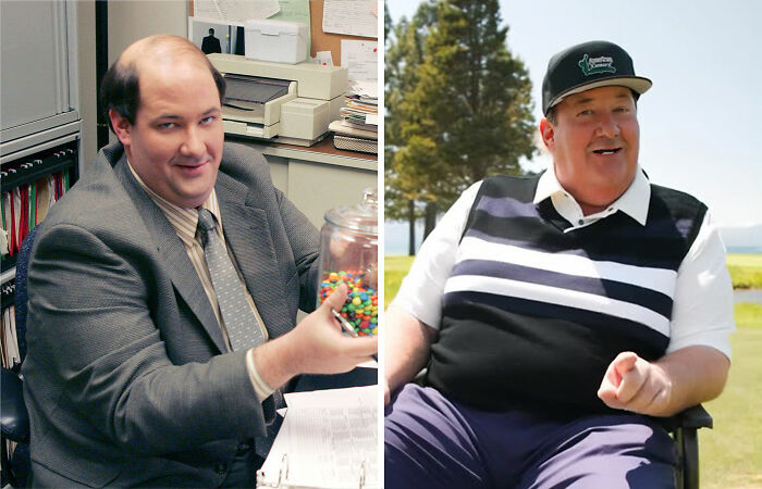 Actor Brian Baumgartner as Kevin Malone from The Office cast then and now, 20 years after the show ended outdoors.