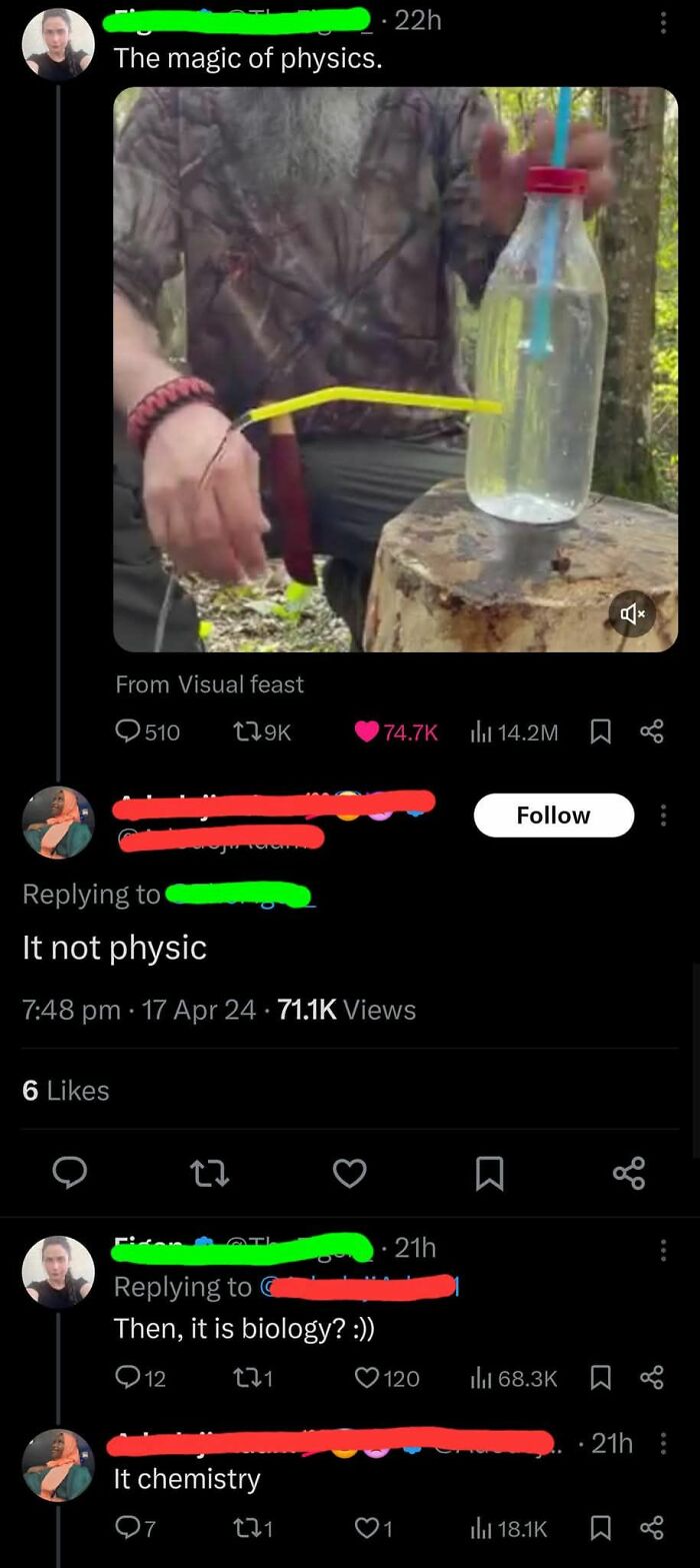 Social media thread shaming overconfident know-it-alls incorrectly correcting a simple physics experiment.
