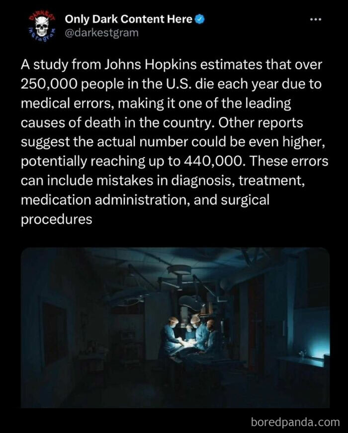 Social media post from Darkest Page On Instagram sharing stats on medical errors and death rates in the U.S.
