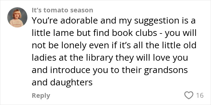 Comment suggesting joining book clubs to avoid loneliness and make new friends, shared on social media.