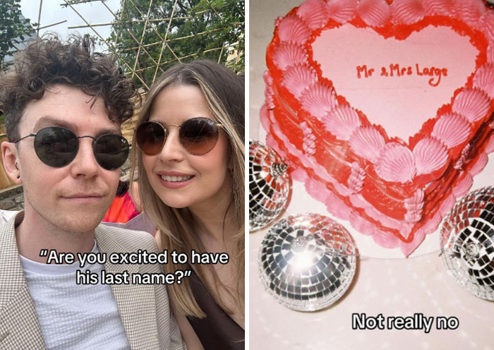 Couple wearing sunglasses shares a humorous moment on the married surname trend with a heart-shaped cake reading Mr & Mrs Large.