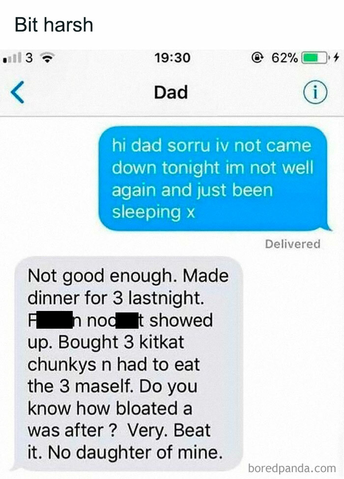 Text message exchange showing chaotic British meme with humorous and harsh dad reply about dinner and KitKat snacks.