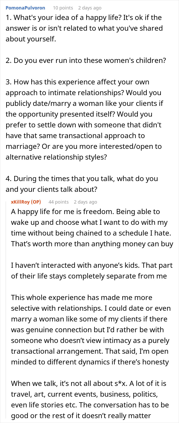 Reddit Q&A with paid companion discussing experiences with wealthy married women and intimate relationship insights.