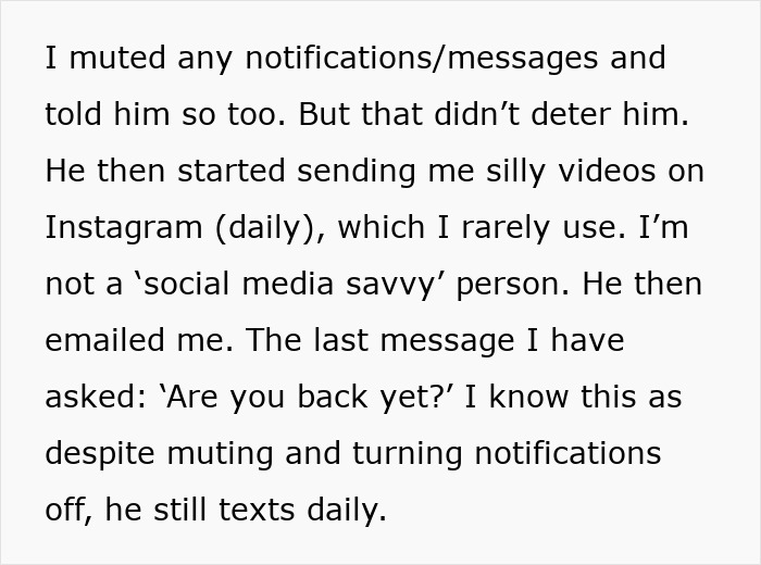 Text excerpt discussing a friend who continues messaging despite muting and stopping notifications about friendship.