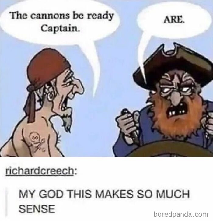 Cartoon pirate meme with dialogue highlighting grammar confusion, showcasing humor from random memes that bring chaos and laughter.