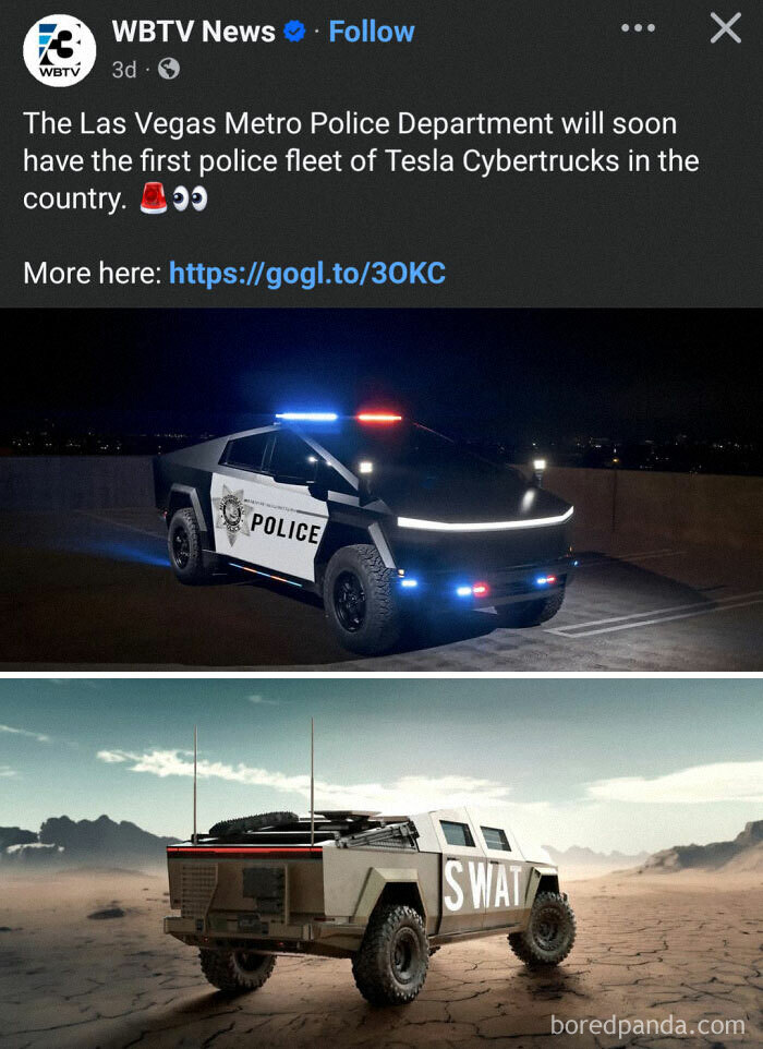 Police fleet Tesla Cybertruck with lights on at night and armored SWAT vehicle in a barren desert, depicting modern life dystopia.